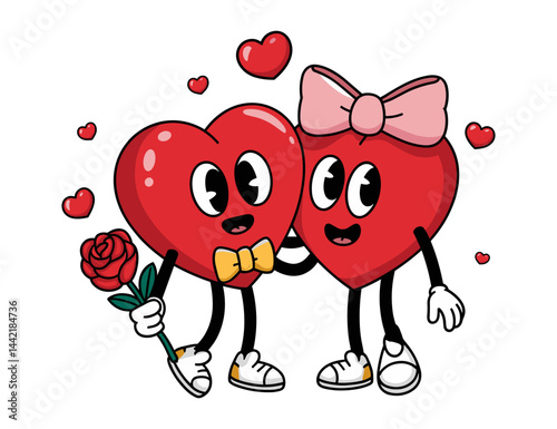 Cute cartoon hearts couple holding rose and smiling on white background, vector retro illustration