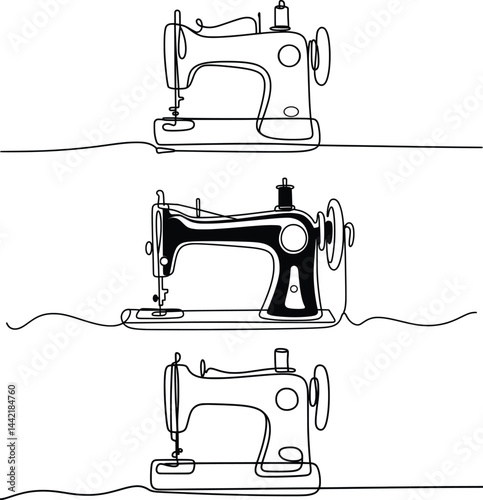 Vintage Sewing Machine Line Art, Minimalist Continuous Line Drawing Vector Set