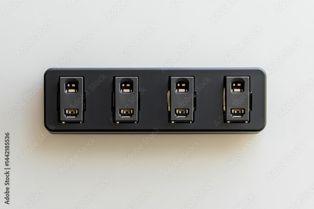 Four Port Black Power Strip on White Background Clean Minimalist Design Simple Tech Accessory Four Port Black Power Strip on White Background Clean Minimalist Design Simple Tech Accessory