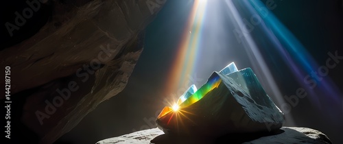 Sunlight shining through hanging crystal prisms casting bright mini rainbows on polished stone