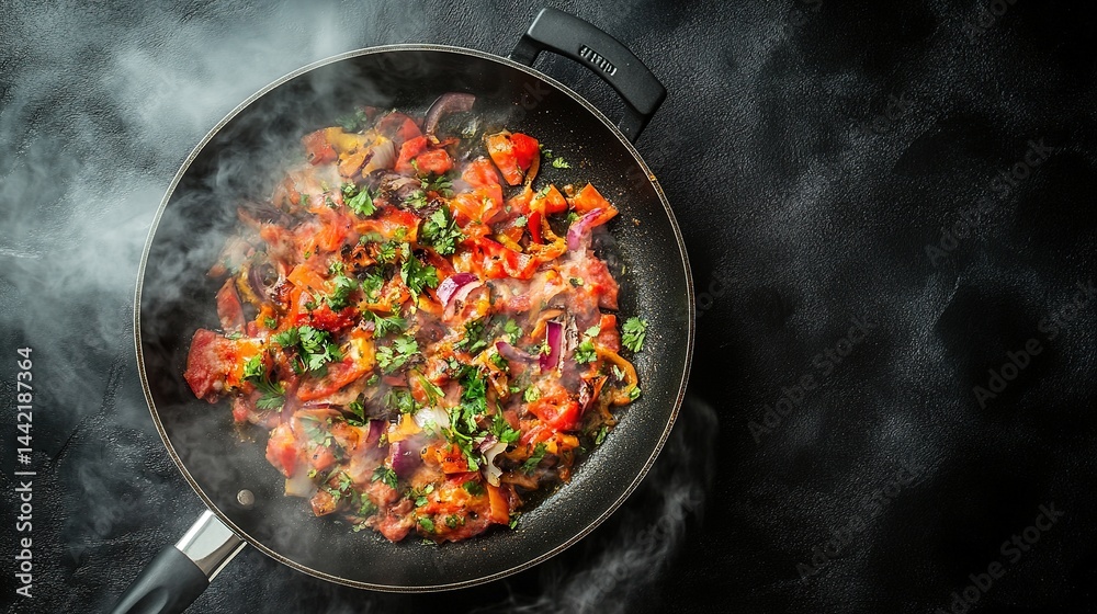Tasty Cooked Dish on Pan with Foggy Effect, Black Background, Top View Tasty Cooked Dish on Pan with Foggy Effect, Black Background, Top View