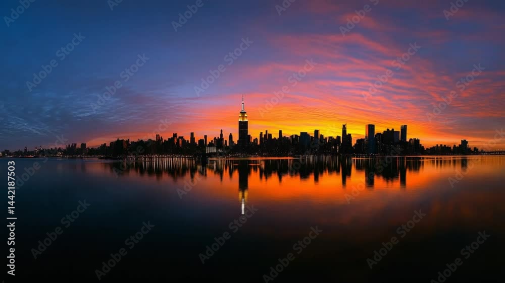 Panoramic View of New York City Skyline at Twilight Reflecting on the Water Panoramic View of New York City Skyline at Twilight Reflecting on the Water
