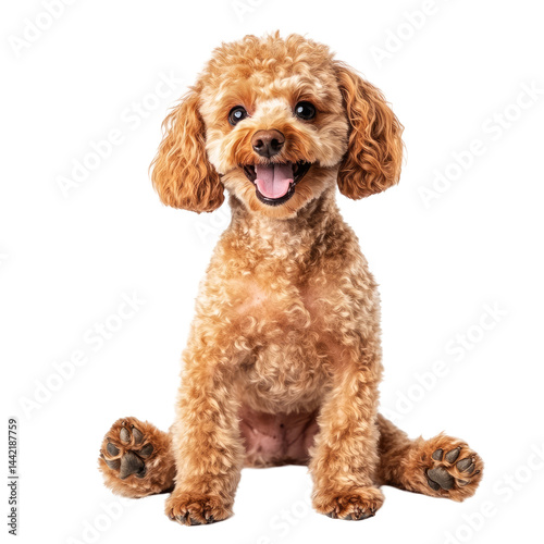 Adorable light brown poodle sitting, tongue out