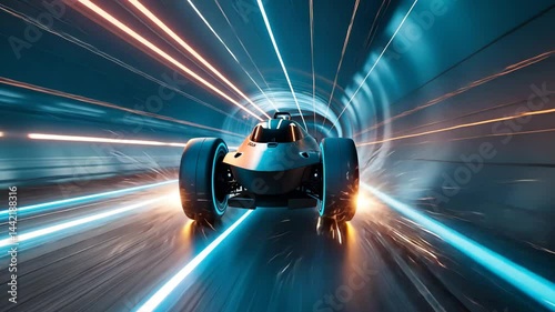 Futuristic Racing Pod Zooming through Neon Tunnel with Motion Trails