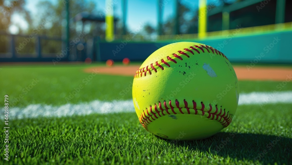 Fluorescent yellow softball positioned on grassy surface. Fluorescent yellow softball positioned on grassy surface.
