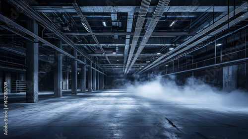 Vast industrial space; concrete floor, steel pillars, and complex overhead infrastructure  Smoke fills the distance photo