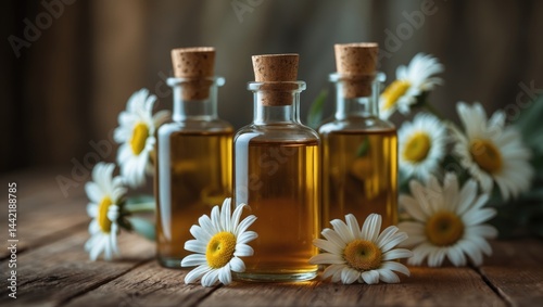 Wallpaper Mural Essential oil bottles alongside flowers in closeup on wooden table Torontodigital.ca