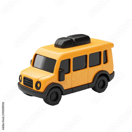 Yellow toy bus with black roof and wheels cute cartoon vehicle design