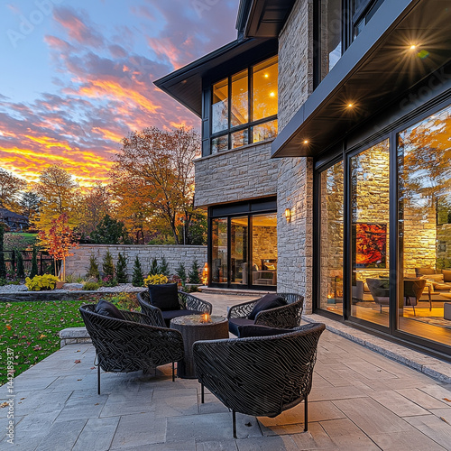 Sunset view of modern home patio with comfortable seating