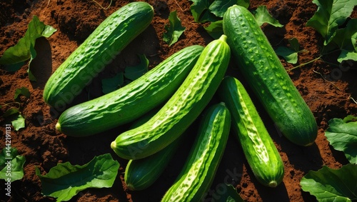 The elongated curved fruits of Cucumis melo var. flexuosus, a salad vegetable, grow on a vine with tendrils and small yellow flowers. photo