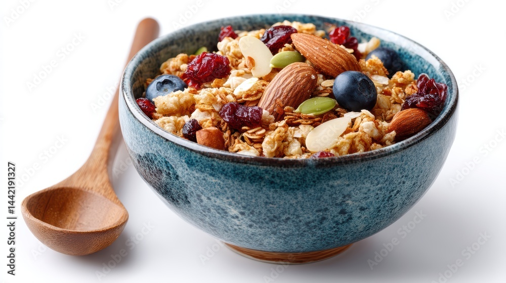 Fototapeta premium a bowl of granola on a white isolated background, healthy and inviting look