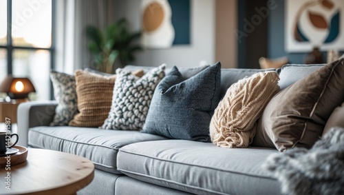 Modern snug couch with cushions in living area