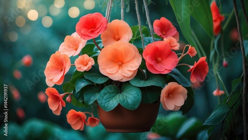 Vivid red tuberous begonia blooms in a pot, up close
