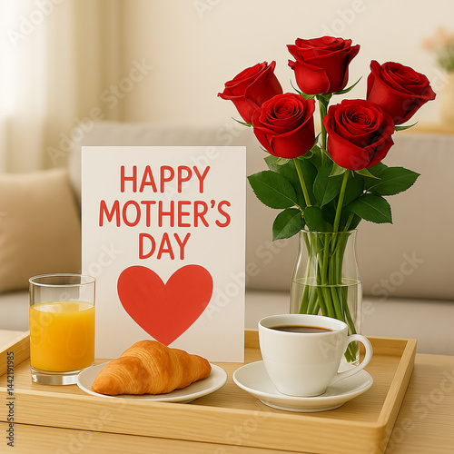 Mother's Day Celebration with Breakfast and Bouquet of Red Roses