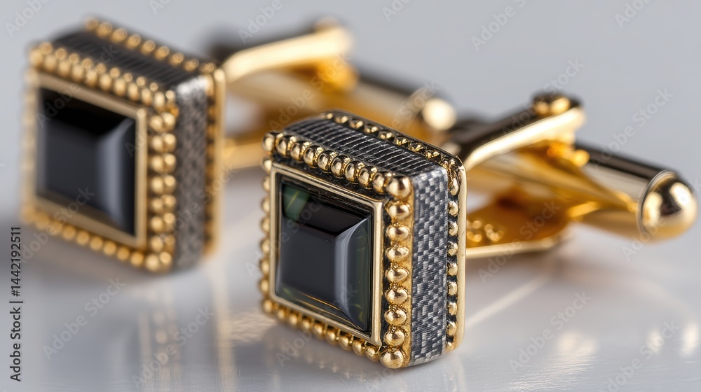 a set of elegant cufflinks on a white isolated background, shiny and sophisticated lighting