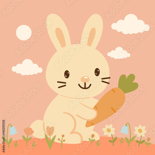 Cute bunny with big carrot in flowers. pink sky and clouds background. Funny rabbit holding carrot. minimalistic design, illustration for books, prints, greeting cards. Vector illustration