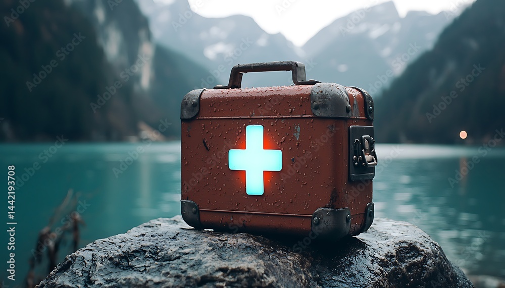 Rusty first-aid kit by a lake, mountains backdrop Rusty first-aid kit by a lake, mountains backdrop