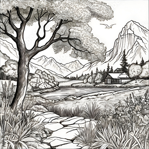 Peaceful Landscape Coloring, winter forest landscape, landscape with trees