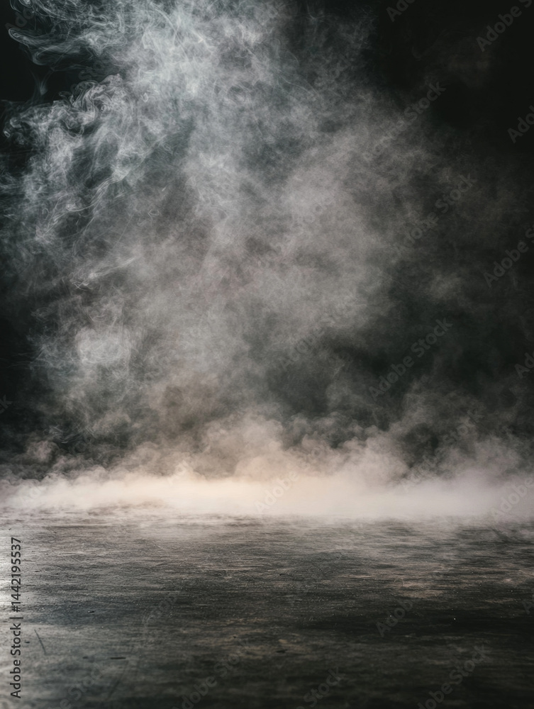 Smoke-filled dark room, mysterious low-lying fog on a textured floor Smoke-filled dark room, mysterious low-lying fog on a textured floor