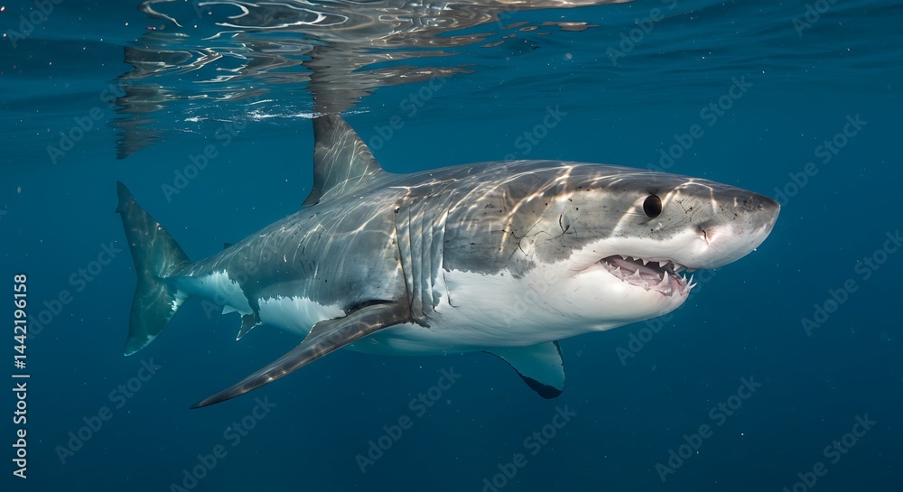 Naklejka premium Shark Swimming Underwater in Ocean Blue Water