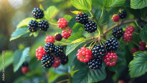 Plant featuring blackberries in various stages of ripeness