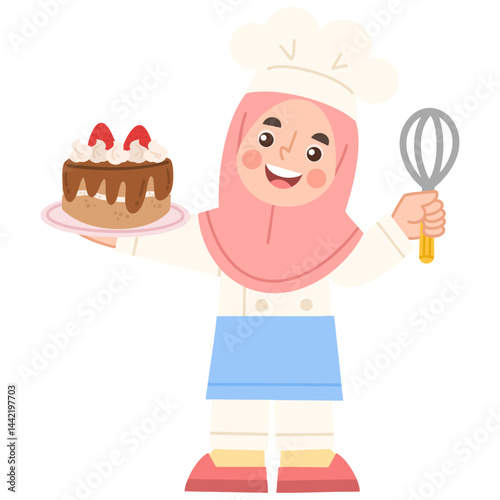 Illustration of Happy Baker Holding a Cake