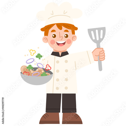 Illustration of a male chef cooking with a frying pan