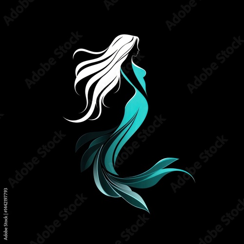Elegant mermaid silhouette, profile view, on black background. Possible use Stock image