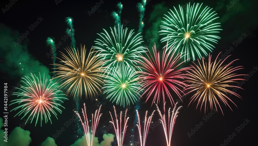 Fototapeta premium Lively fireworks performance; Dramatic pyrotechnics; Explosions in the nighttime sky