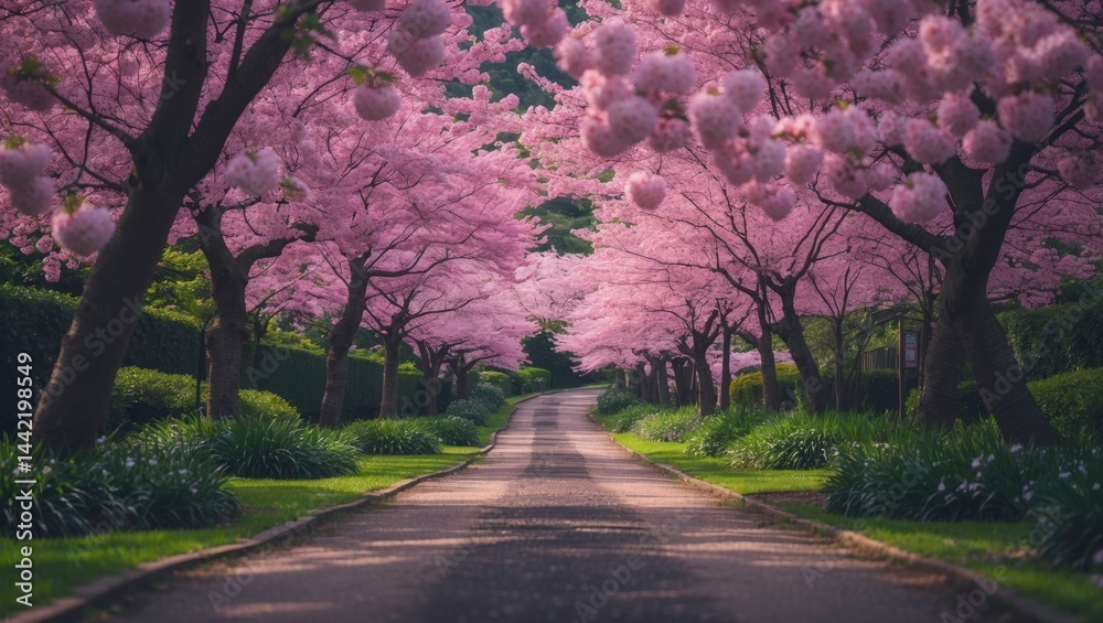 Naklejka premium Cherry blossom season in the garden with blooming sakura trees.