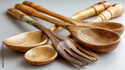 a set of wooden serving utensils on a white isolated background, elegant and natural look