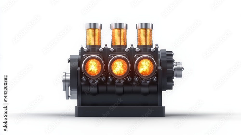 Fototapeta premium Stylized Flat Design of a Car Engine with Visible Combustion Flames on a White Background
