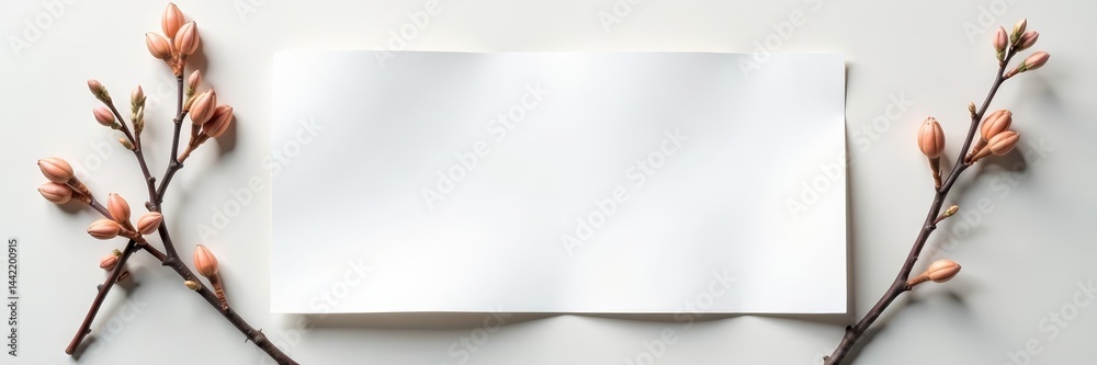 Minimalist composition with white paper sheet on table intertwined with dry branches, table, minimalist, paper Minimalist composition with white paper sheet on table intertwined with dry branches, table, minimalist, paper