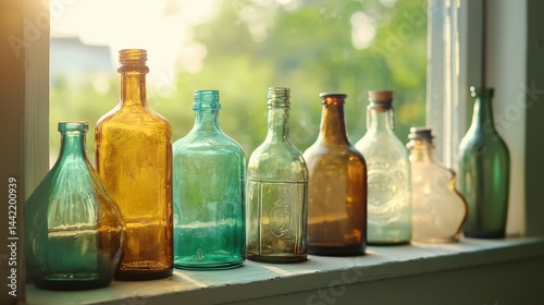 Wallpaper Mural Collection of Vintage Glass Bottles in Sunlit Window Display Torontodigital.ca