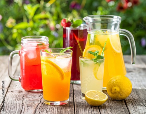 Iced lemonade and fruit drinks on a rustic wooden table, outdoor garden