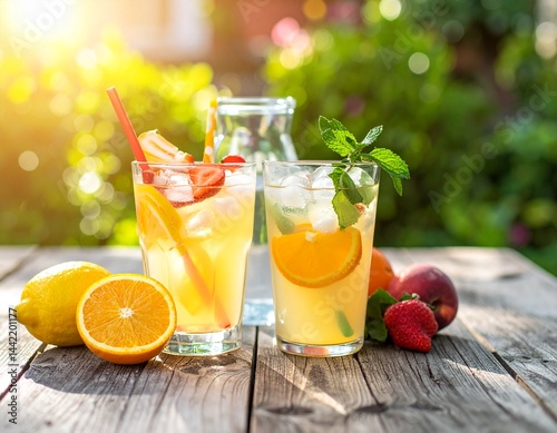 Iced lemonade and fruit drinks on a rustic wooden table, outdoor garden