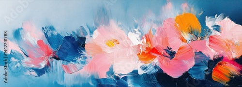 This artwork showcases a dynamic arrangement of colorful floral forms, blending blues, pinks, and yellows with expressive brush strokes. The vivid colors create an energetic ambiance