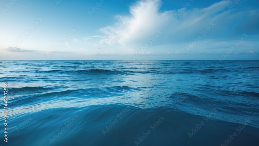 Obraz premium Ocean water surface in blue under a sunny and cloudy sky, along with underwater scenes