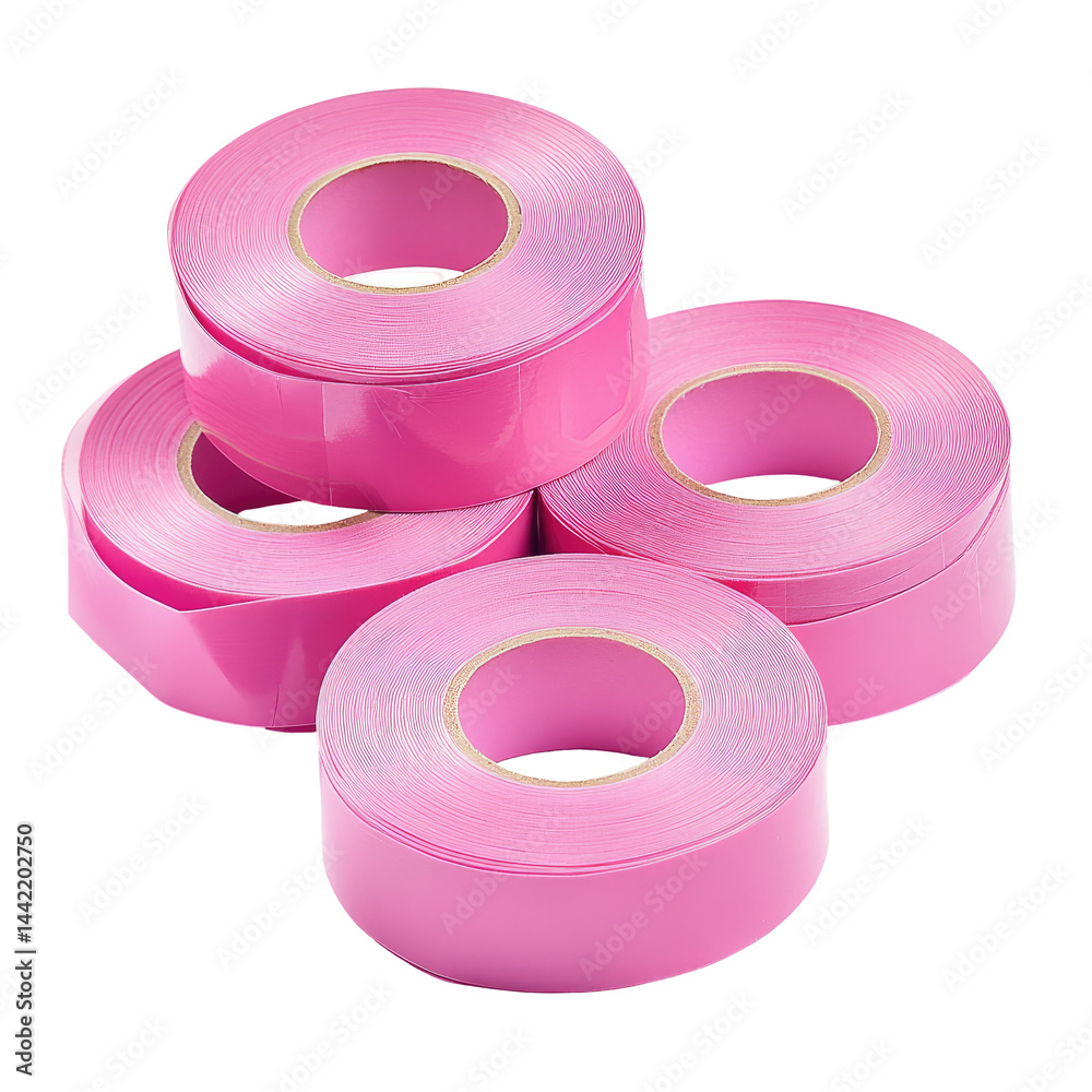 Stack of pink adhesive tapes Rolled, plastic, and vibrant Stack of pink adhesive tapes Rolled, plastic, and vibrant