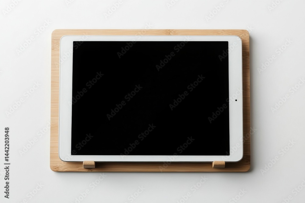 Modern tablet on wooden stand minimalist design clean background perfect for presentations or e Modern tablet on wooden stand minimalist design clean background perfect for presentations or e