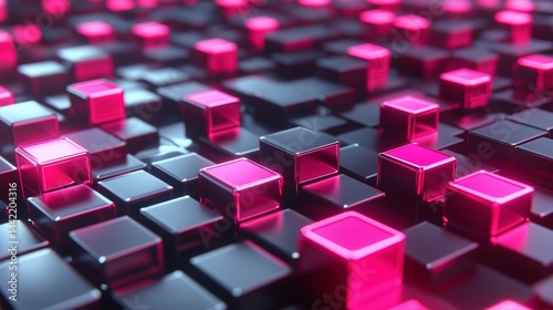 Blockchain Network. Futuristic metaverse and blockchain technology network concept with digital cube blocks in glowing style on black background.