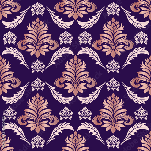 Golden blossom elegance on majestic purple patterns. Pattern design for use as wallpaper, textiles, wrap, carpet, decorative illustration.