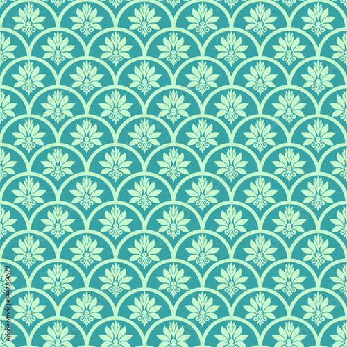 Art deco scallop with damask flowers in soft green tone.  Pattern design for use as wallpaper, textiles, wrap, carpet, decorative illustration.