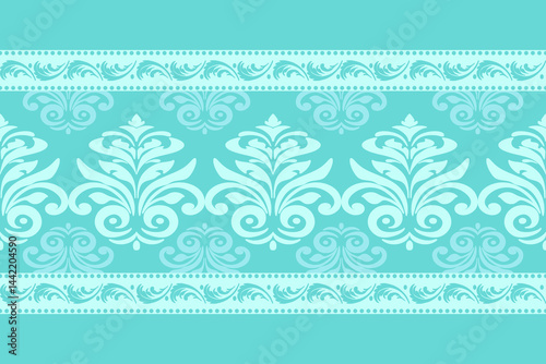 Regal damask ornamentation on elegant turquoise patterns.  Pattern design for use as wallpaper, textiles, wrap, carpet, decorative illustration.