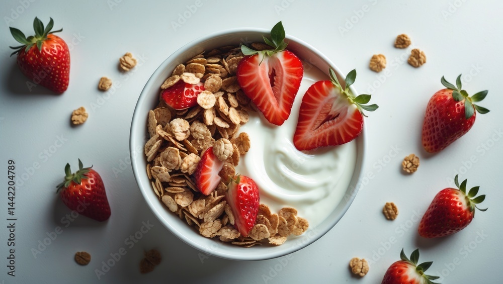 Yogurt and fresh strawberries in a bowl of muesli from a top-down perspective Yogurt and fresh strawberries in a bowl of muesli from a top-down perspective