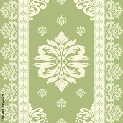 Ornate decorative wallpaper with green and beige motifs. Pattern design for use as wallpaper, textiles, wrap, carpet, decorative illustration.
