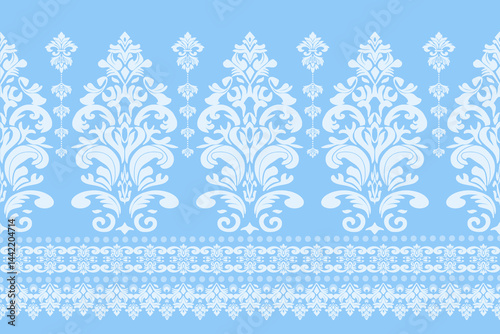 Ornate light blue damask pattern with classic borders. Pattern design for use as wallpaper, textiles, wrap, carpet, decorative illustration.