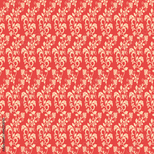 Elegant damask flower motif on red background. Perfect for ornate wallpapers, festive invitations, or sophisticated fabric designs.