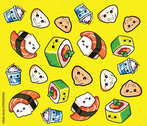 Adorable cute cartoon-style Food Background sushi rolls, dumplings, and milkshakes with smiling faces arranged in a playful food pattern, perfect for kids' products, stationery, or digital wallpapers.