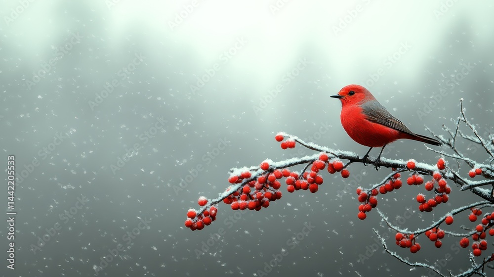 Fototapeta premium Red bird winter snow berries branch.